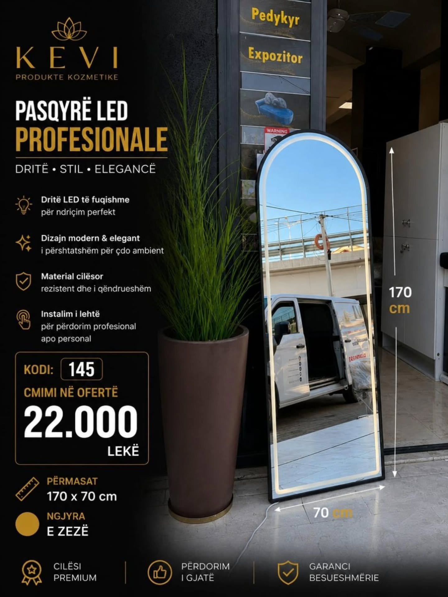 Pasqyrë LED profesionale me kornizë të artë