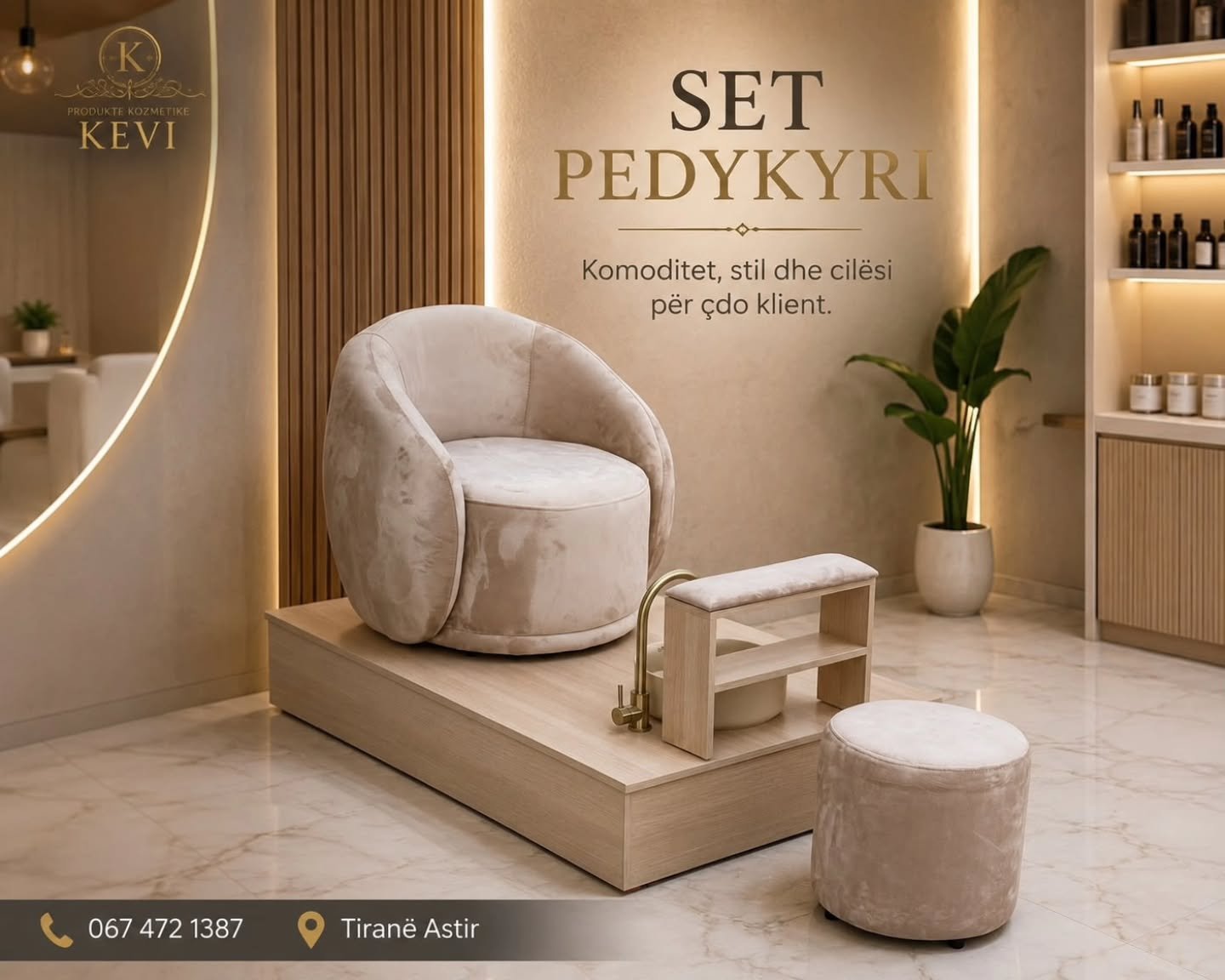 Set pedikyri me kolltuk bezhë dhe bazë mermeri