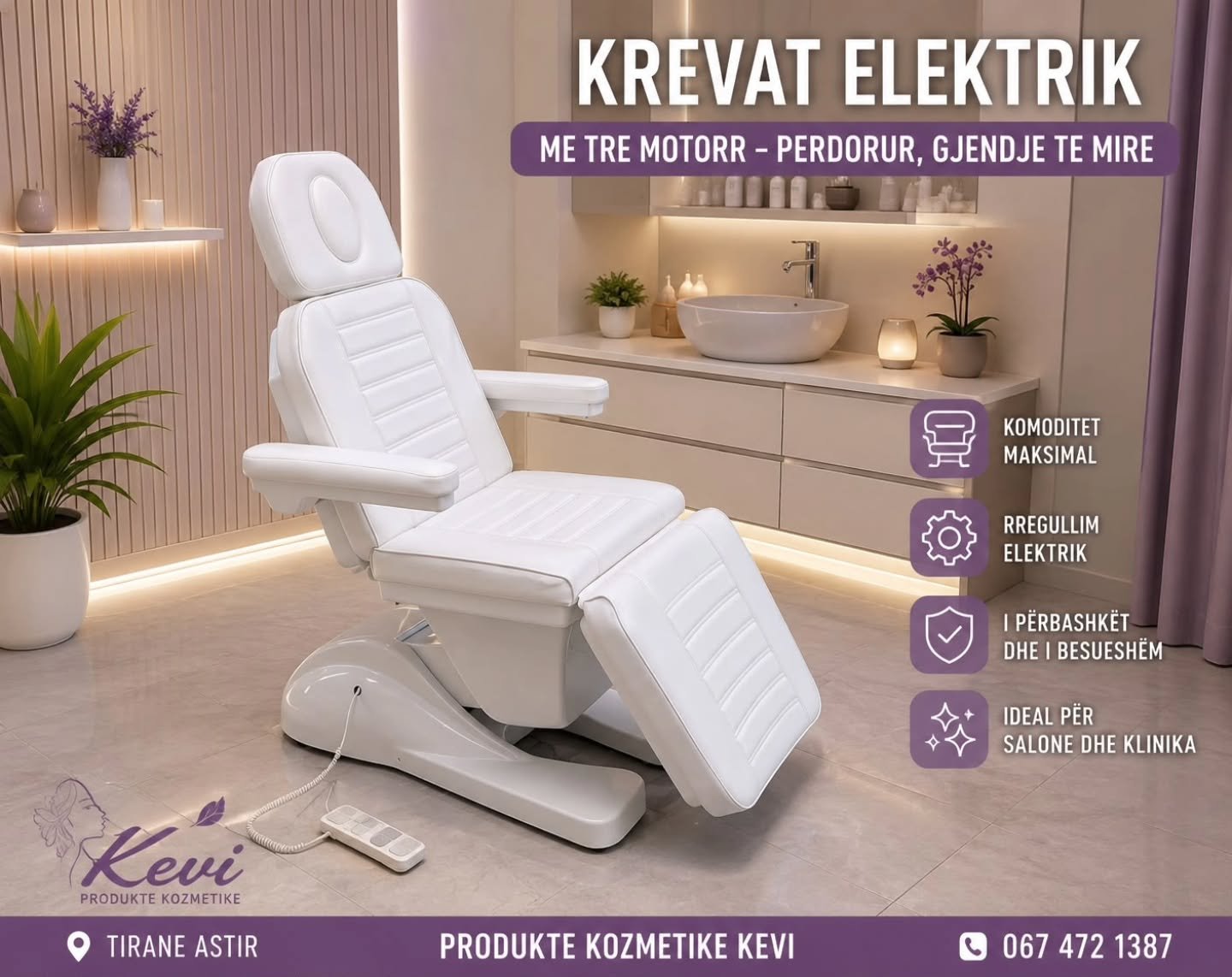 Krevat estetik elektrik i bardhë me tre motorë